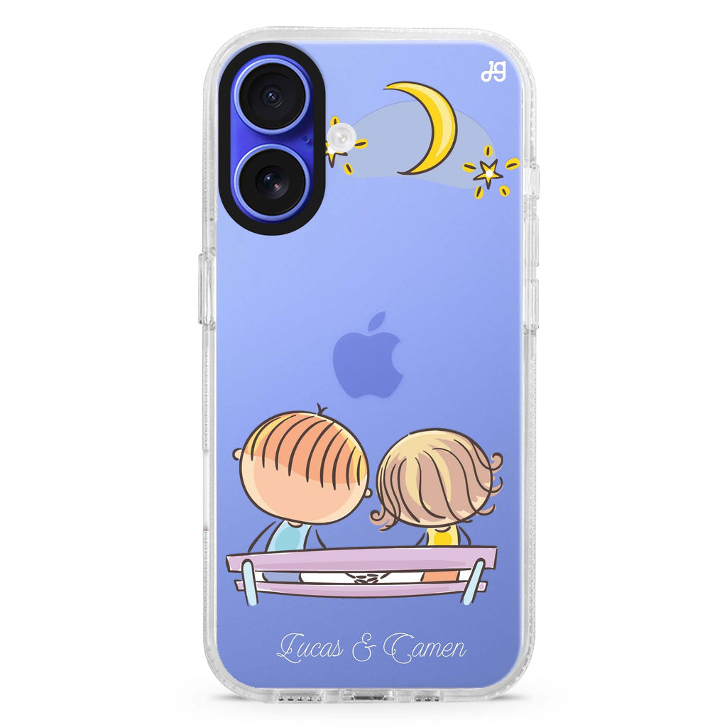 Stand By Me custom name iPhone 16 and 16 Plus ultra clear case, transparent graphic artwork, front product view
