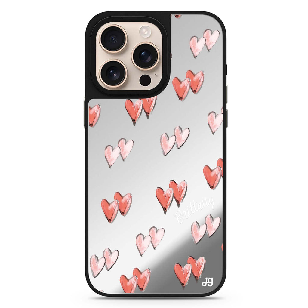 Double Heart personalized name romantic design iPhone 16/15/14 Pro Max & Pro mirror case