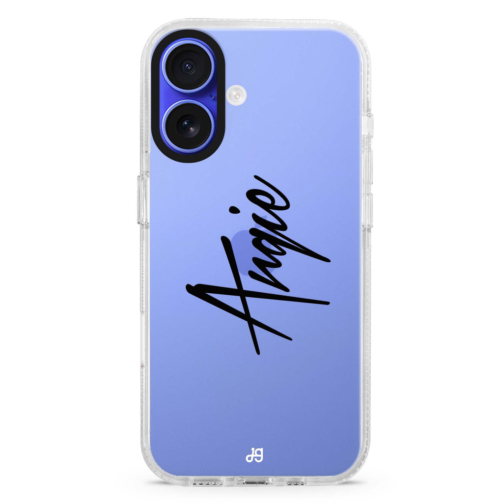 My Love Handwritten custom name iPhone 16 and 16 Plus ultra clear case, transparent name artwork, front product view