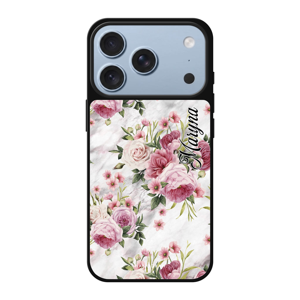 Marble and Pink Floral personalized name pink spring flower floral iPhone 18 Pro Max mirror case