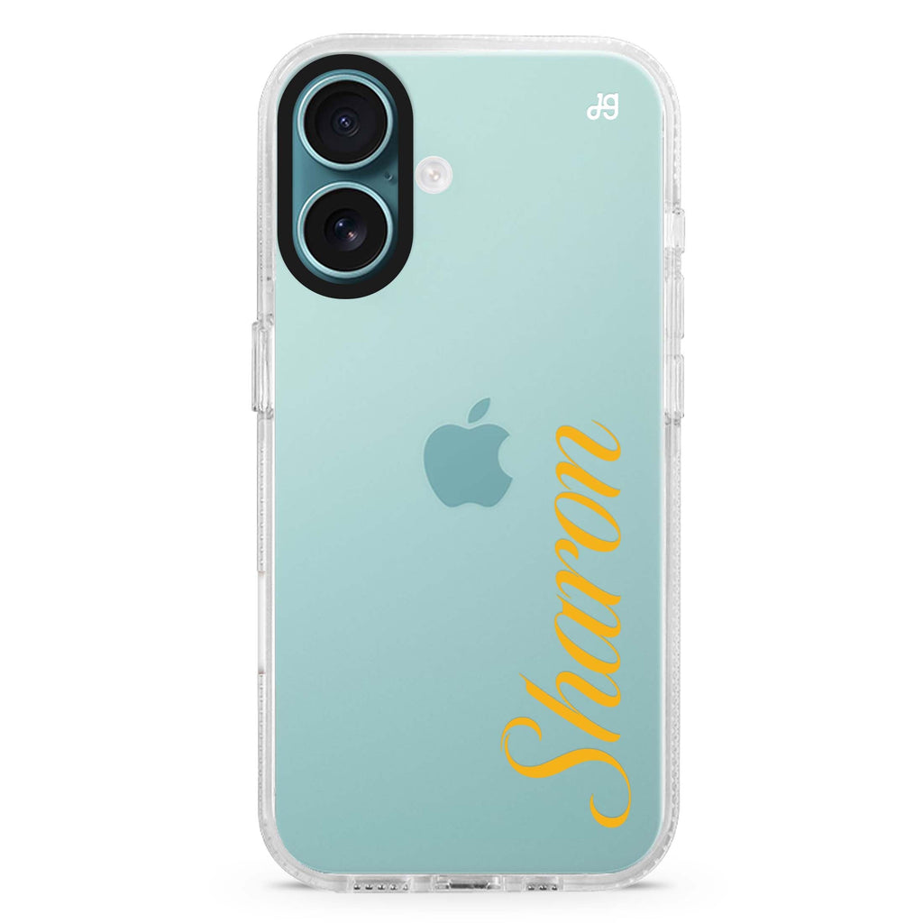 SleekSignature custom name iPhone 16 and 16 Plus ultra clear case, transparent graphic artwork, front product view