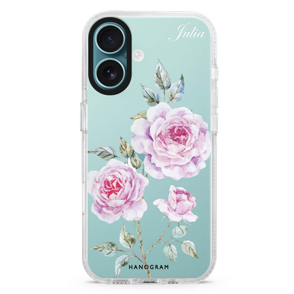 Simple Floral custom name iPhone 16 and 16 Plus ultra clear case, transparent floral artwork, front product view