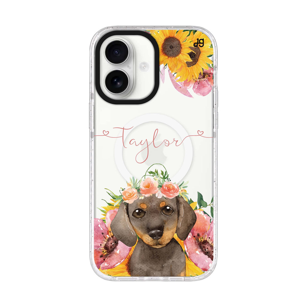 Sunflower Puppy personalized name iPhone 17 ultra clear MagSafe case, front product view