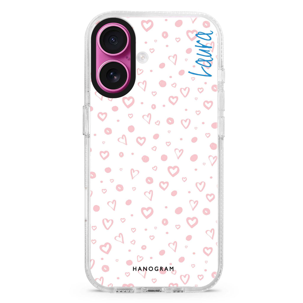 Pinky Hearts custom name iPhone 16 and 16 Plus ultra clear case, transparent artistic artwork, front product view