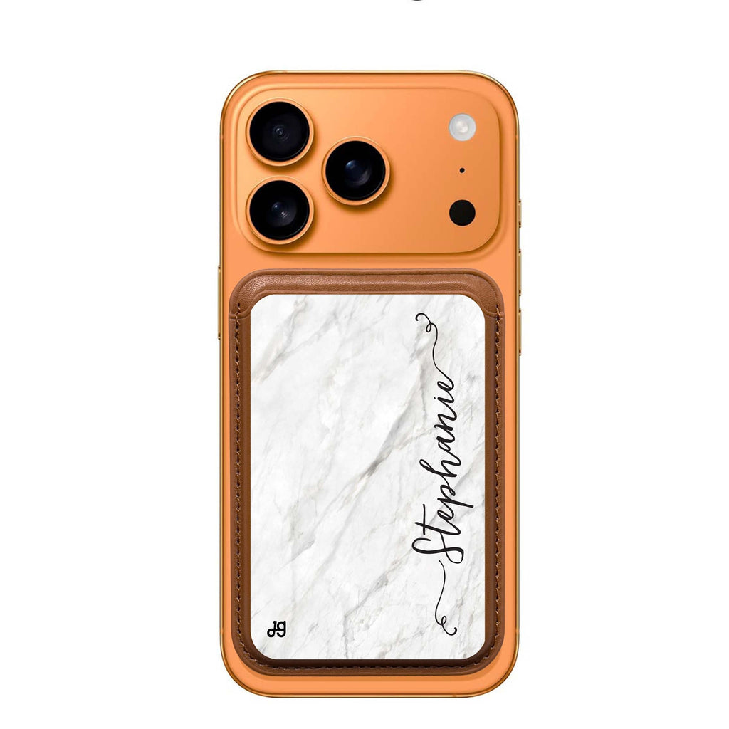 Vertical Cursive & Marble Sleek custom name MagSafe wallet for iPhone, personalized magnetic card holder, main view
