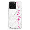 Vertical Cursive & Marble Sleek custom name iPhone 16/15/14 Pro Max & Pro ultra clear case marble design, front product view