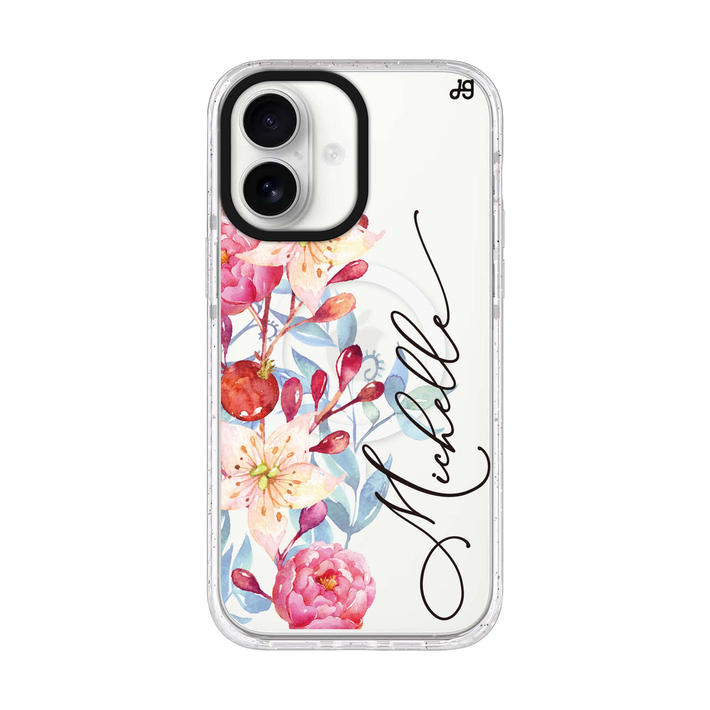 Pink Watercolor Floral Bouquet personalized name iPhone 17 ultra clear MagSafe case, front product view