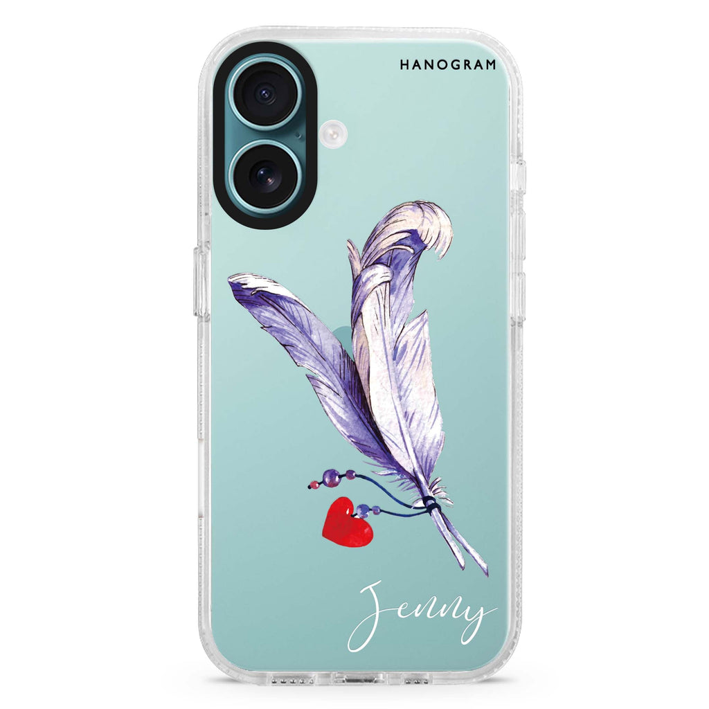 Feather Love custom name iPhone 16 and 16 Plus ultra clear case, transparent romantic artwork, front product view