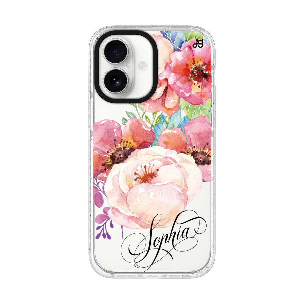Awakening Watercolor Flowers personalized name iPhone 17 ultra clear MagSafe case, front product view