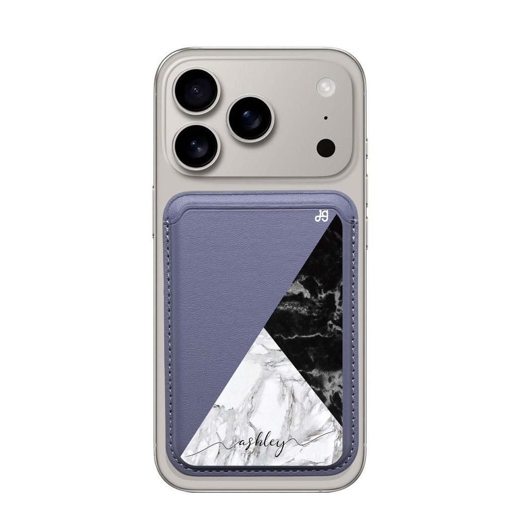 Black and White Marble custom name MagSafe wallet for iPhone, personalized magnetic card holder, main view