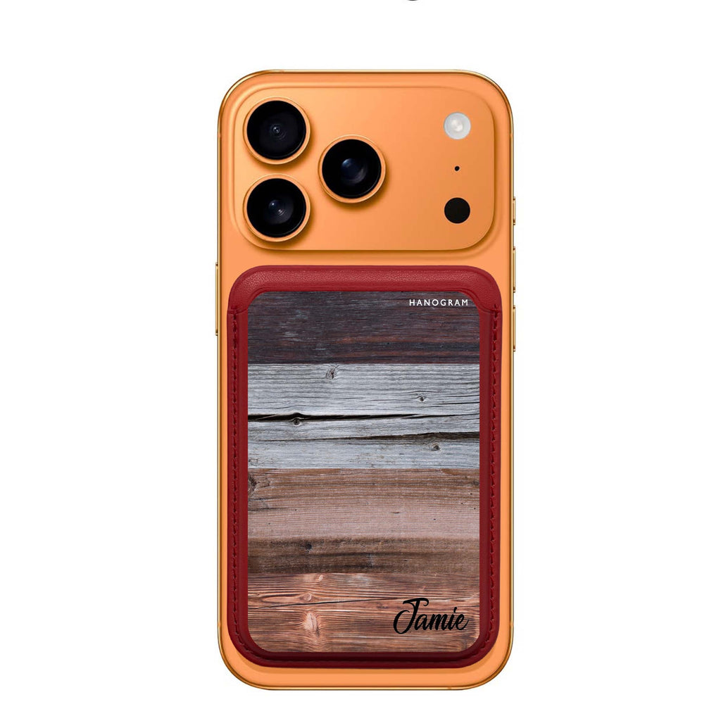 Wood Grain Varigegated custom name MagSafe wallet for iPhone, personalized magnetic card holder, main view