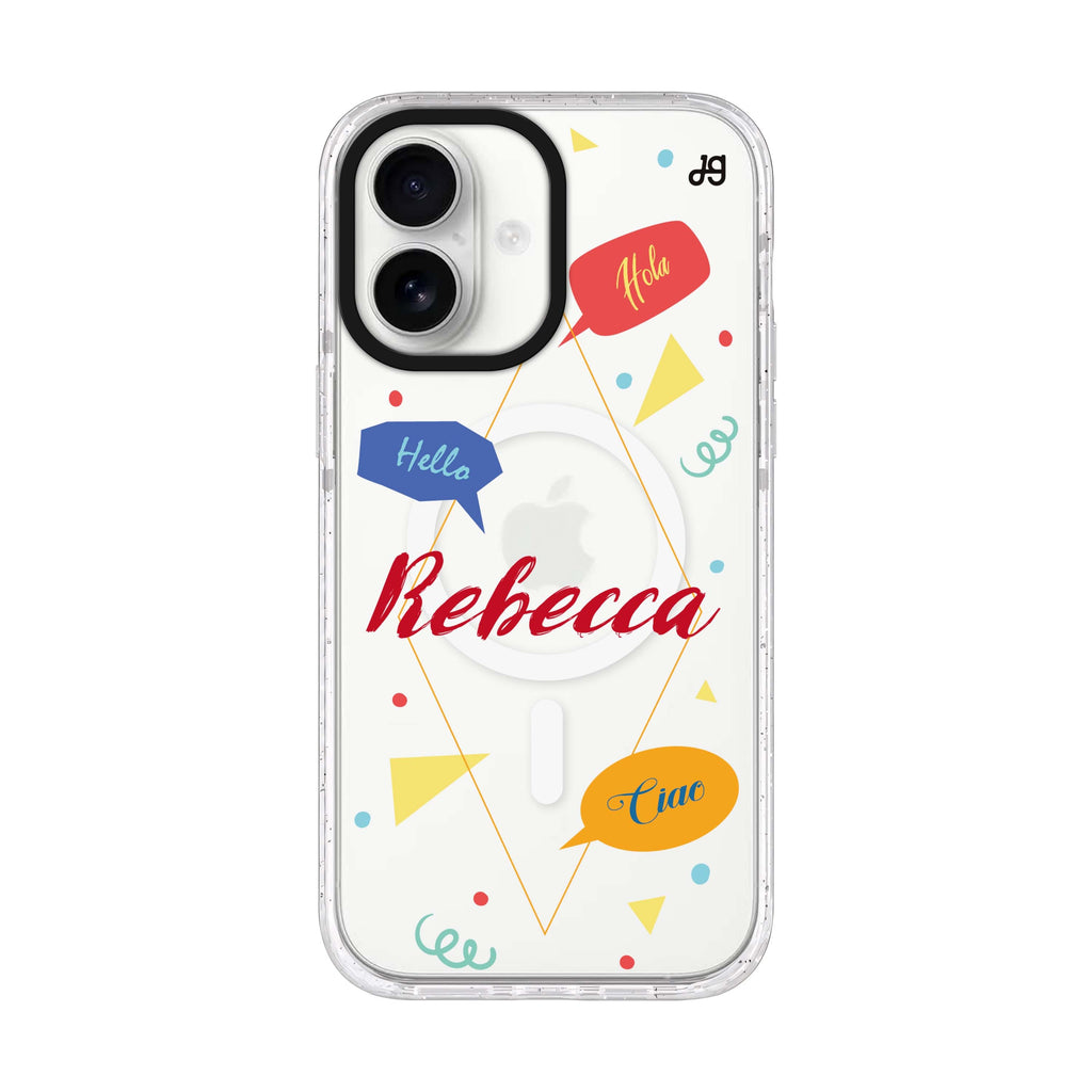 Communicate Fun personalized name iPhone 17 ultra clear MagSafe case, front product view