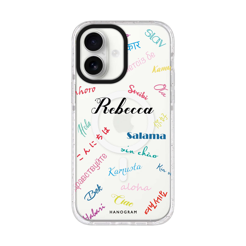 Hello Wrold personalized name iPhone 17 ultra clear MagSafe case, front product view