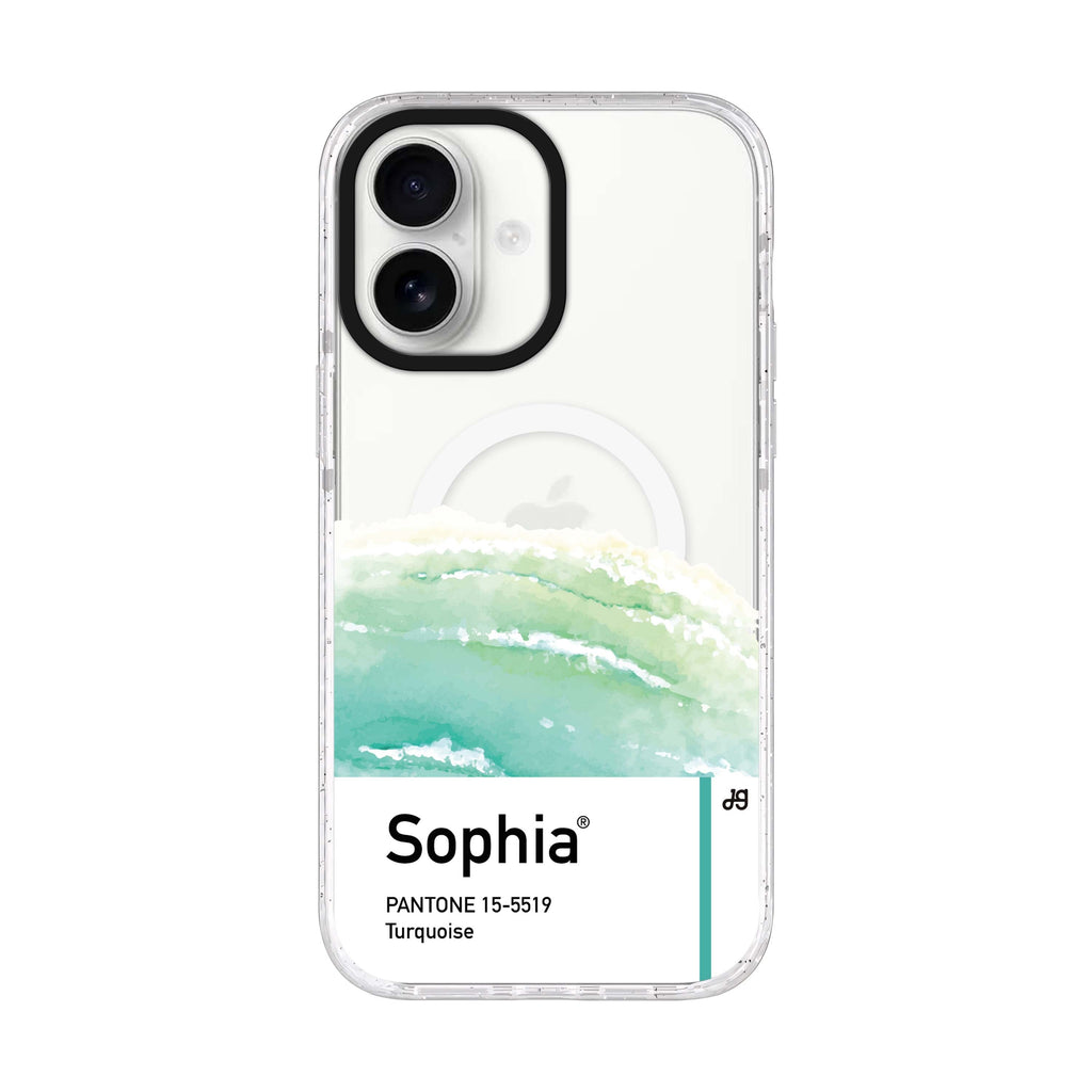 #15-5519 Turquoise I personalized name iPhone 17 ultra clear MagSafe case, front product view