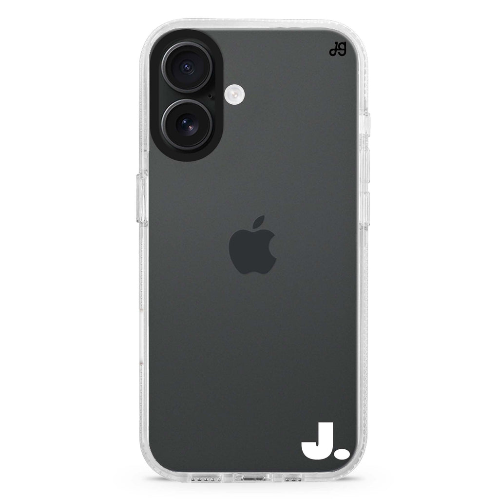 Single custom name iPhone 16 and 16 Plus ultra clear case, transparent graphic artwork, front product view