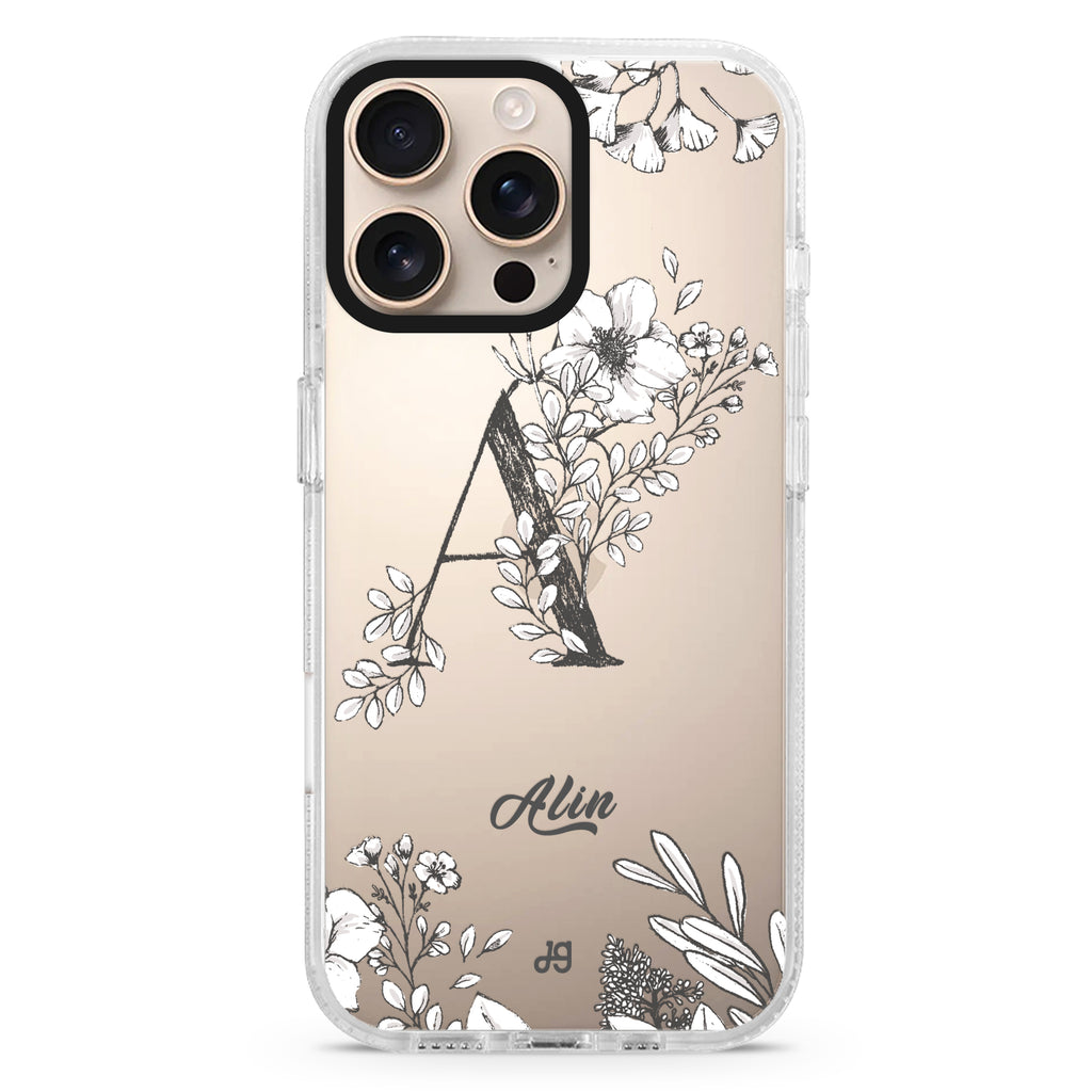 Vintage Floral Monogram iPhone 16/15/14 Pro Max & Pro ultra clear case floral design, front product view