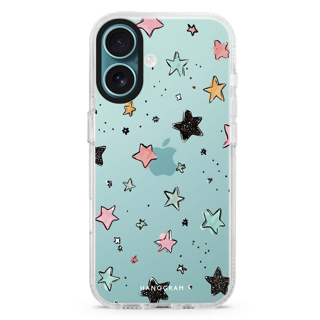 Pastel Sparkle Stars iPhone 16 and 16 Plus ultra clear case, transparent celestial artwork, front product view