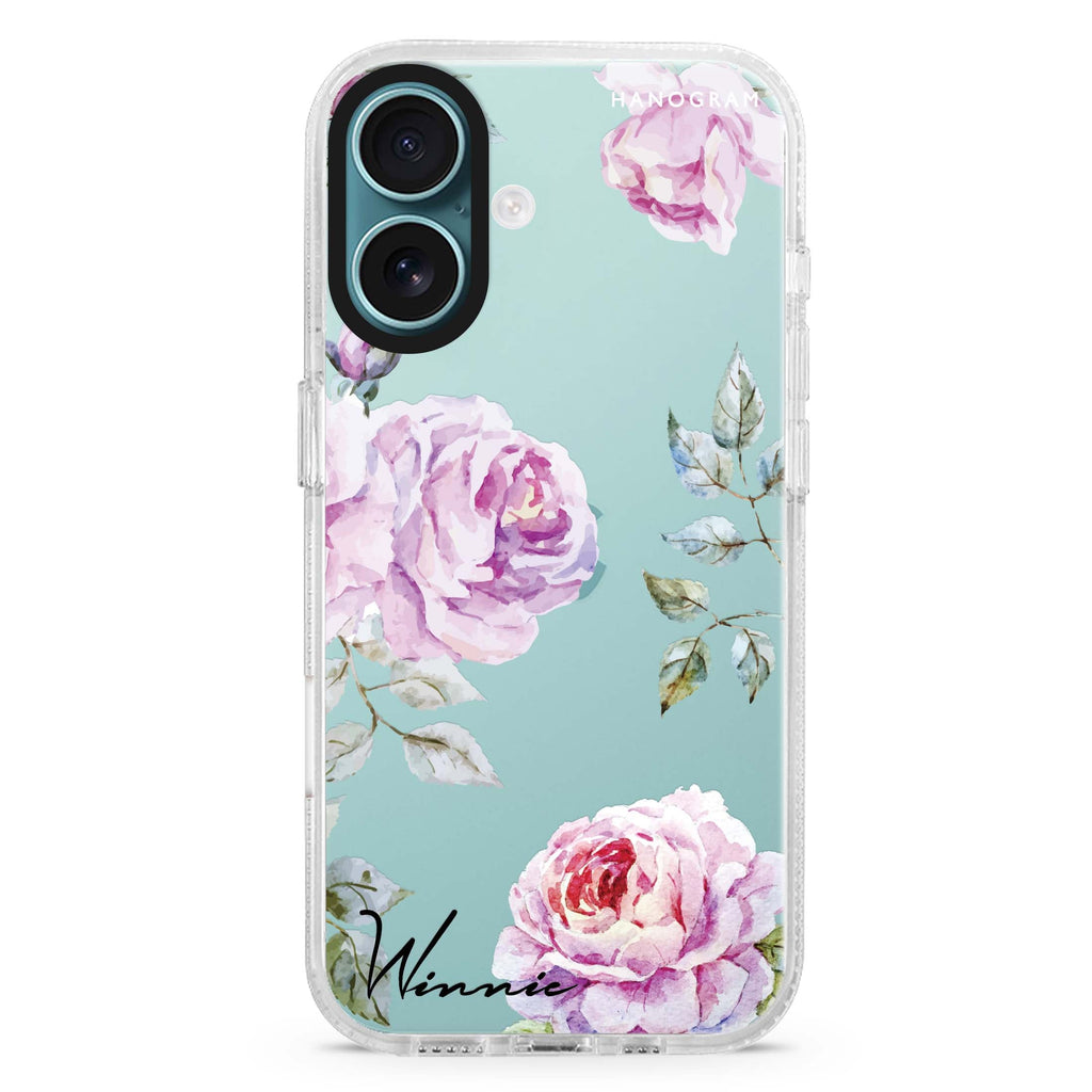 Classic Floral custom name iPhone 16 and 16 Plus ultra clear case, transparent floral artwork, front product view