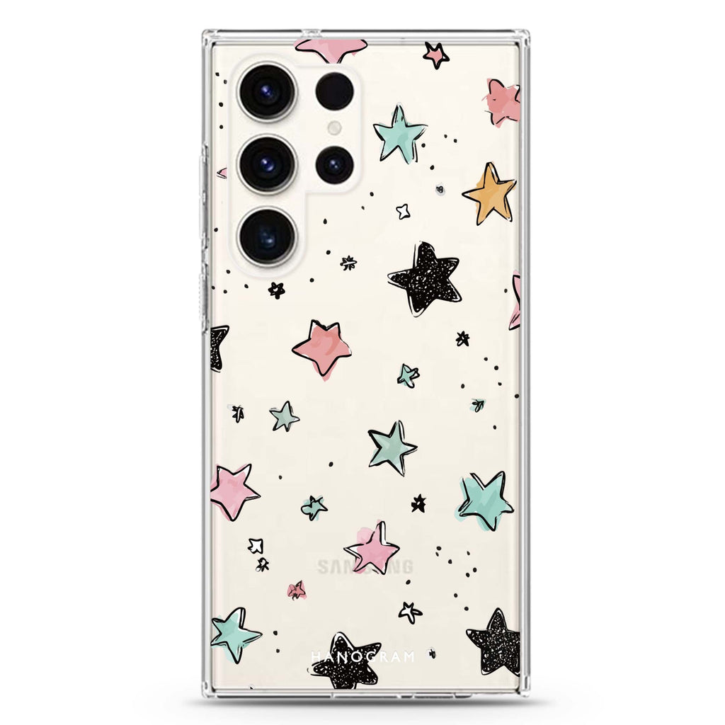Pastel Sparkle Stars Samsung Galaxy S26/S25/S24/S23/S22 Ultra ultra clear case, transparent design, main view