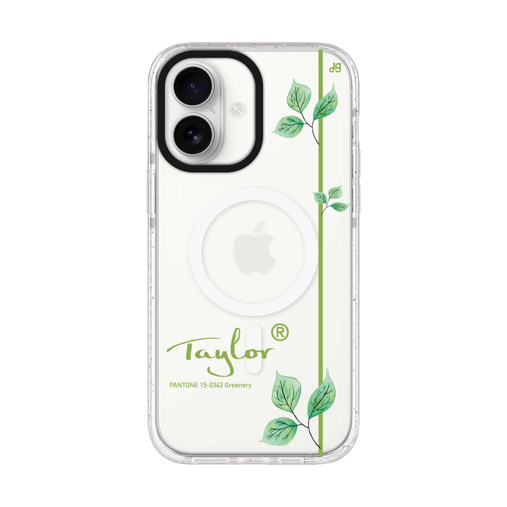 #15-0343 Greenery II personalized name iPhone 17 ultra clear MagSafe case, front product view