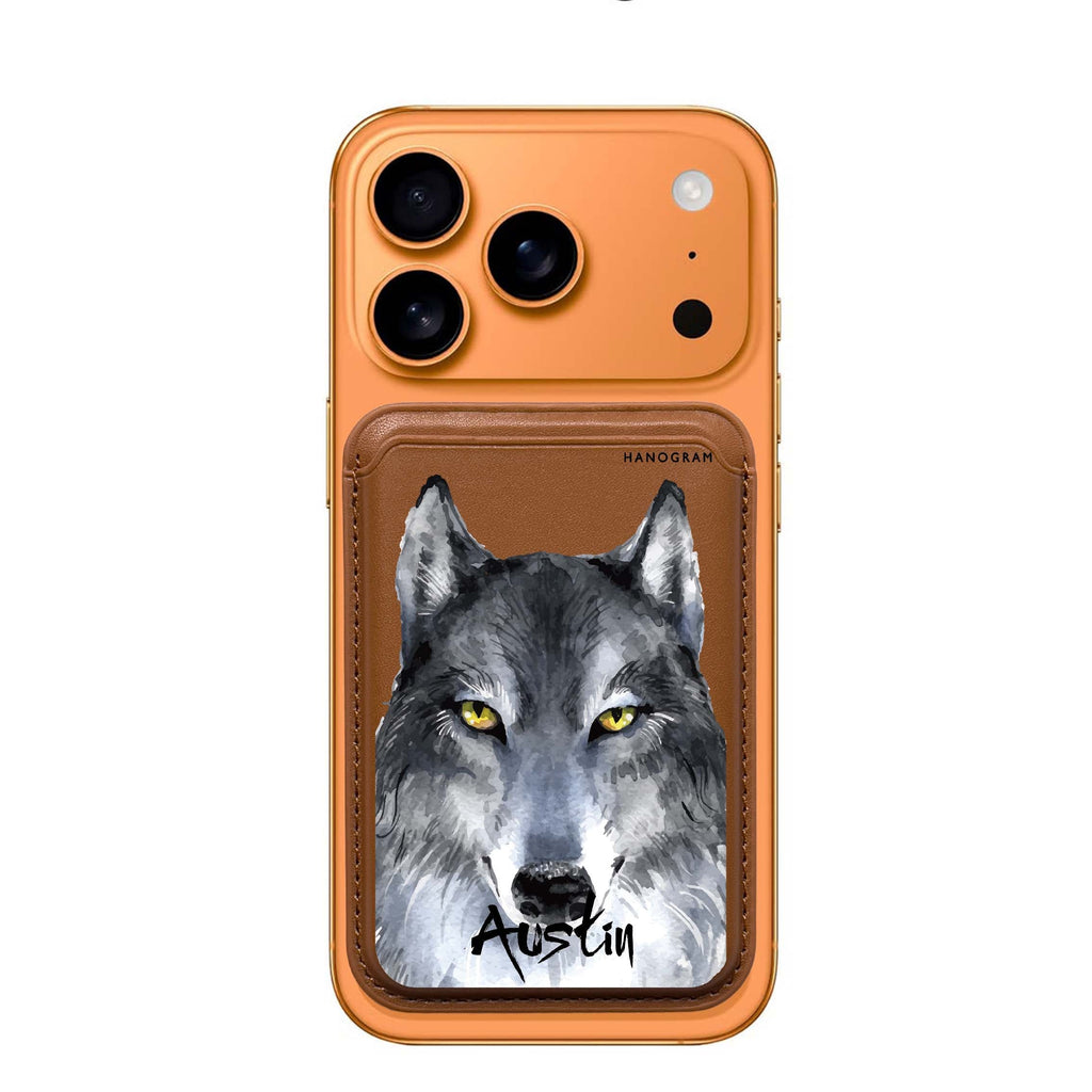 Snow Wolf custom name MagSafe wallet for iPhone, personalized magnetic card holder, main view