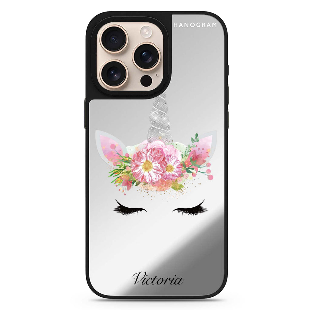 Unicorn's Brow personalized name sleek reflective design iPhone 16/15/14 Pro Max & Pro mirror case
