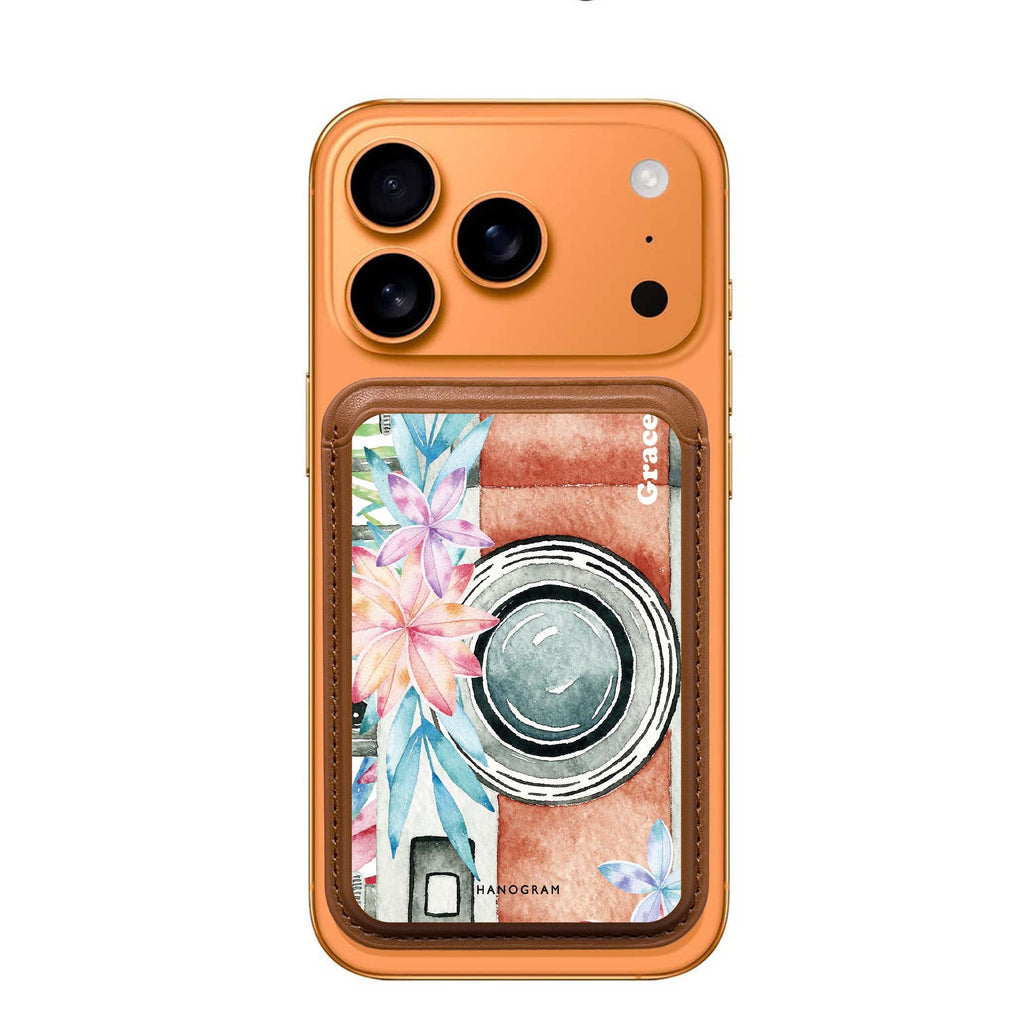 Watercolor Camera custom name MagSafe wallet for iPhone, personalized magnetic card holder, main view