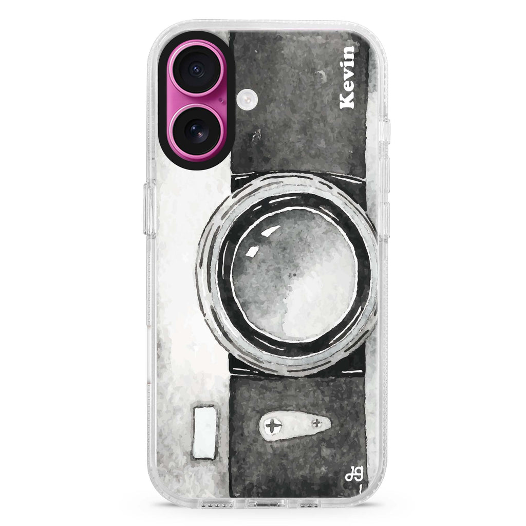 Fashion Camera custom name iPhone 16 and 16 Plus ultra clear case, transparent graphic artwork, front product view