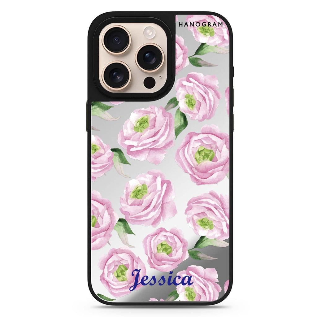 Watercolor Pink Floral personalized name floral design iPhone 16/15/14 Pro Max & Pro mirror case