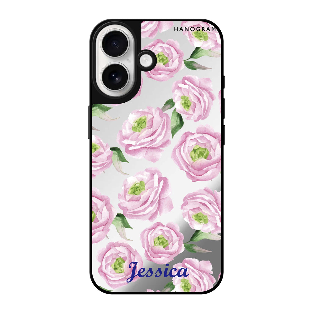 Reflective iPhone 16 Mirror Case –Watercolor pink floral Design