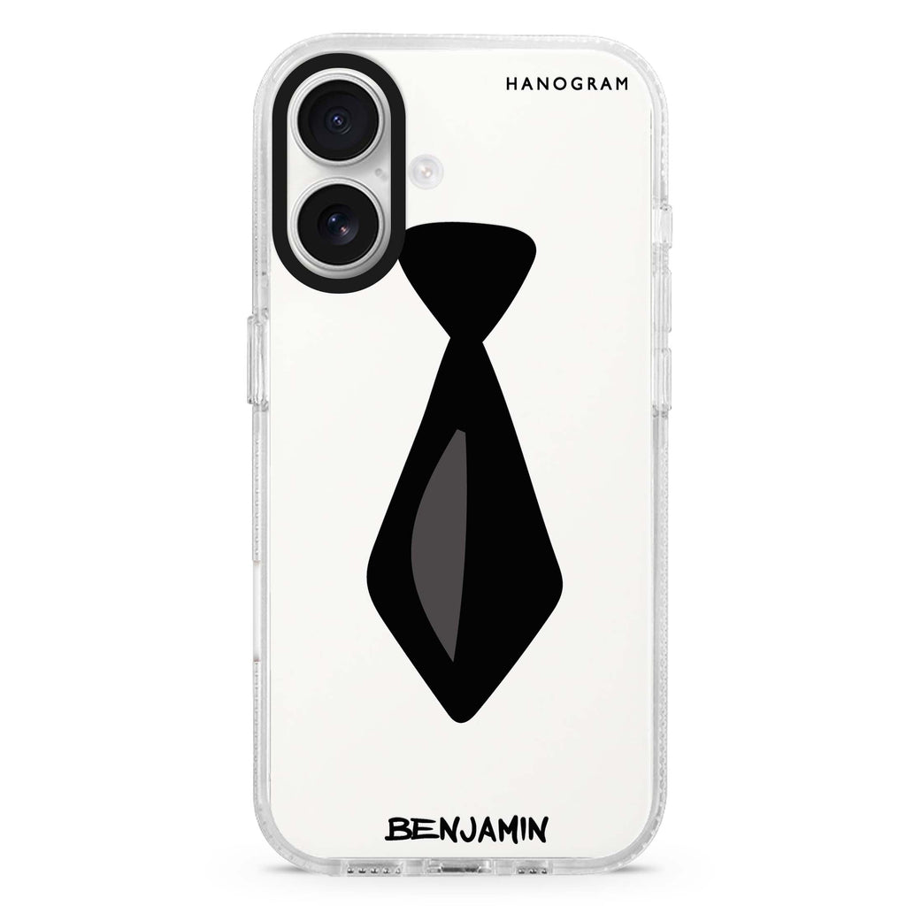Tie custom name iPhone 16 and 16 Plus ultra clear case, transparent graphic artwork, front product view