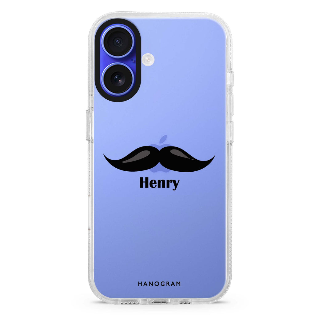 Moustache custom name iPhone 16 and 16 Plus ultra clear case, transparent graphic artwork, front product view