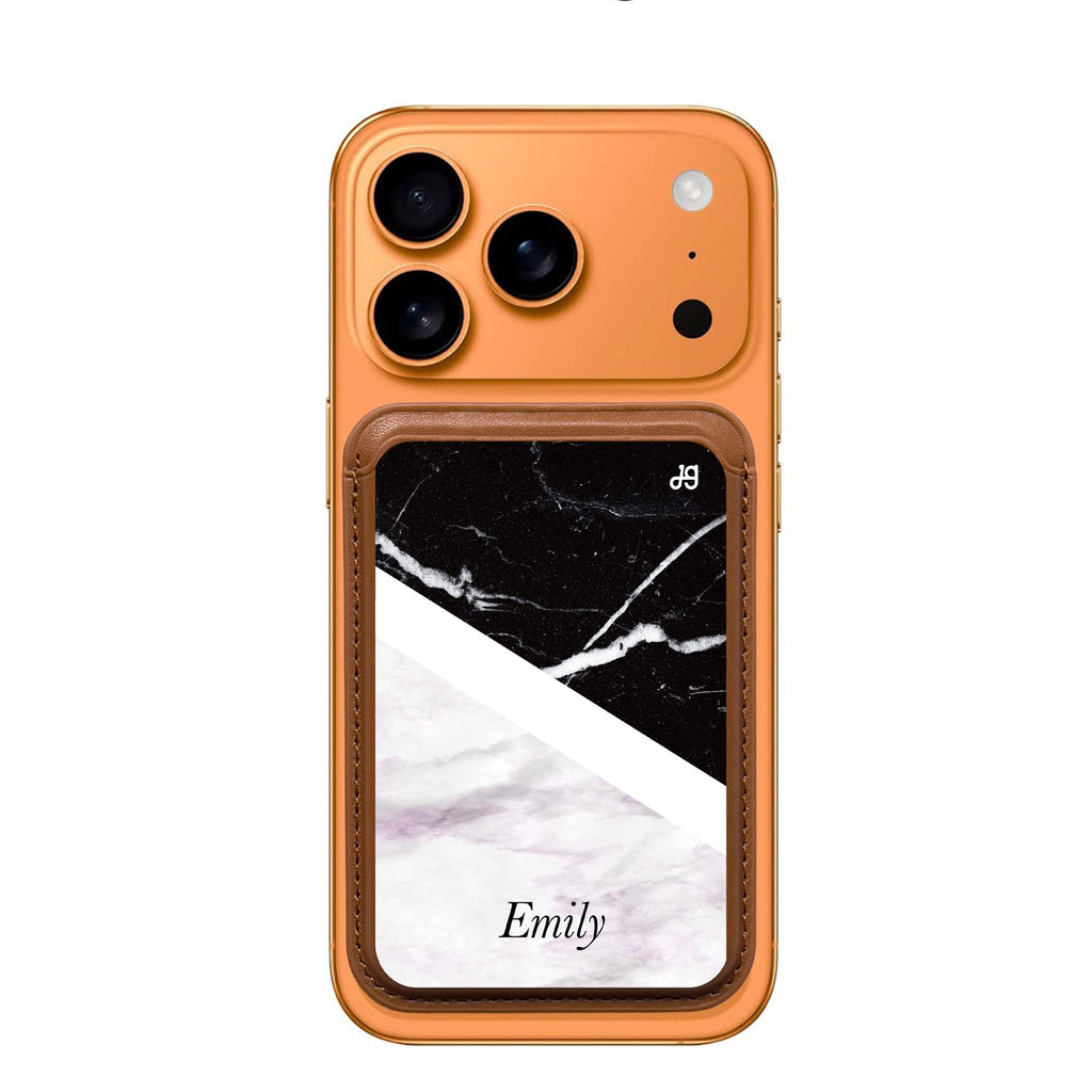 Black & White Marble custom name MagSafe wallet for iPhone, personalized magnetic card holder, main view