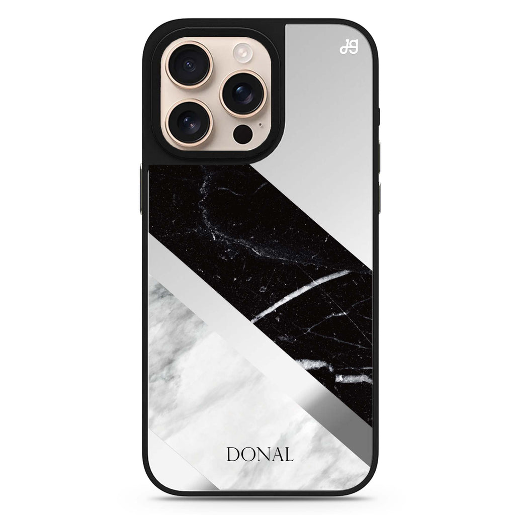 B & W Marble personalized name sleek reflective design iPhone 16/15/14 Pro Max & Pro mirror case