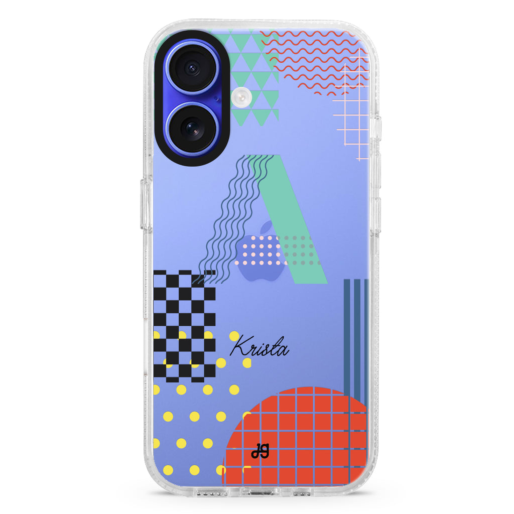 Memphis Letter iPhone 16 and 16 Plus ultra clear case, transparent letter artwork, front product view