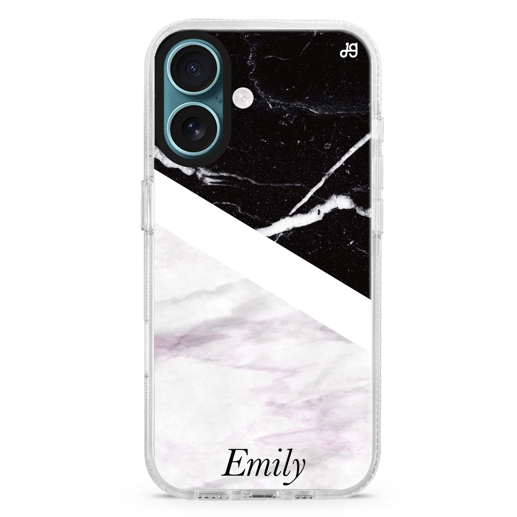 Black & White Marble custom name iPhone 16 and 16 Plus ultra clear case, transparent marble pattern, front product view