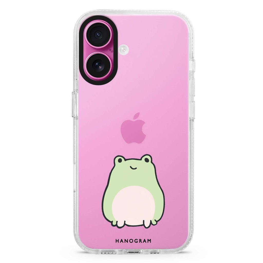 Pastel Froggie iPhone 16 and 16 Plus ultra clear case, transparent graphic artwork, front product view