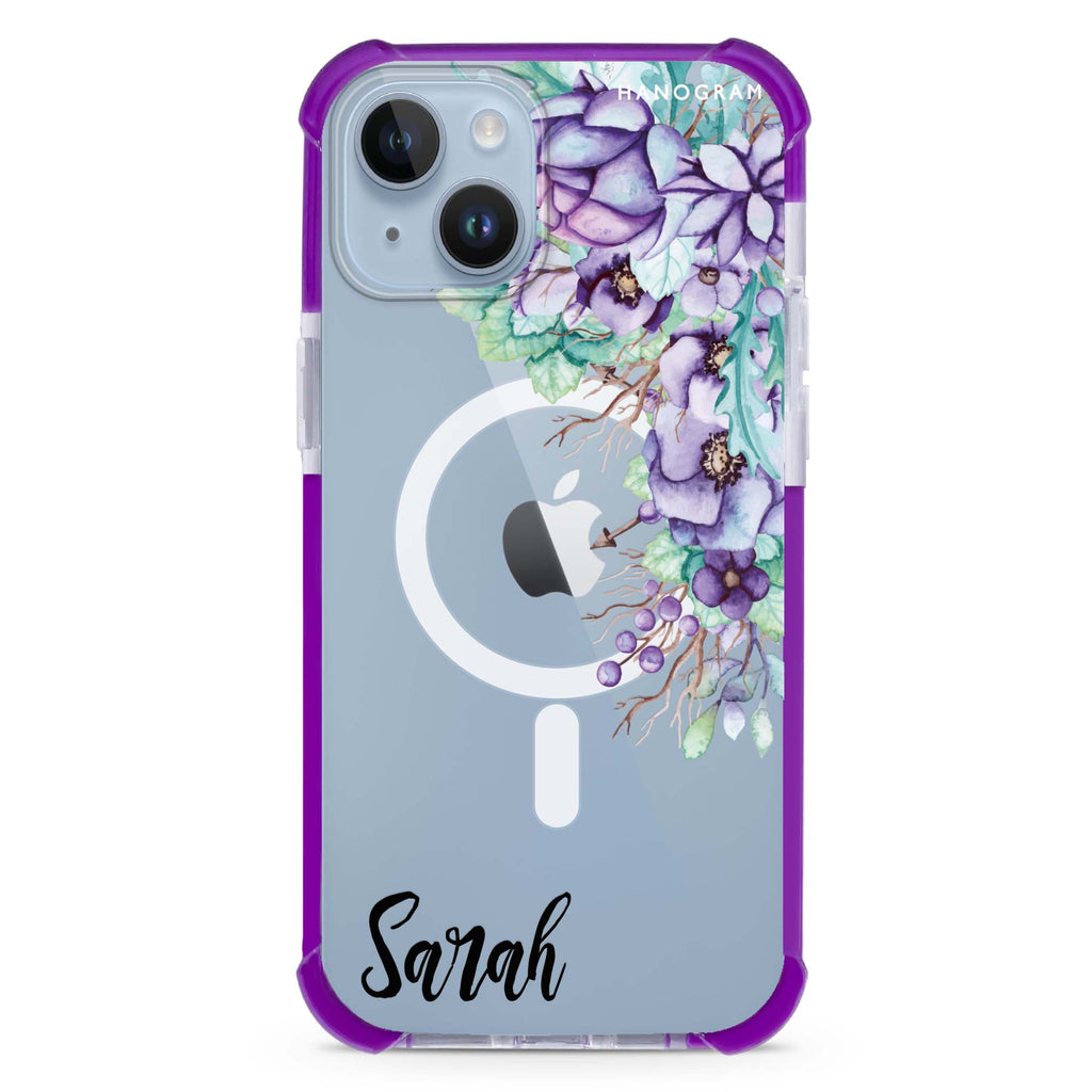 Purple Floral iPhone 15 Plus MagSafe Compatible Ultra Shockproof Case