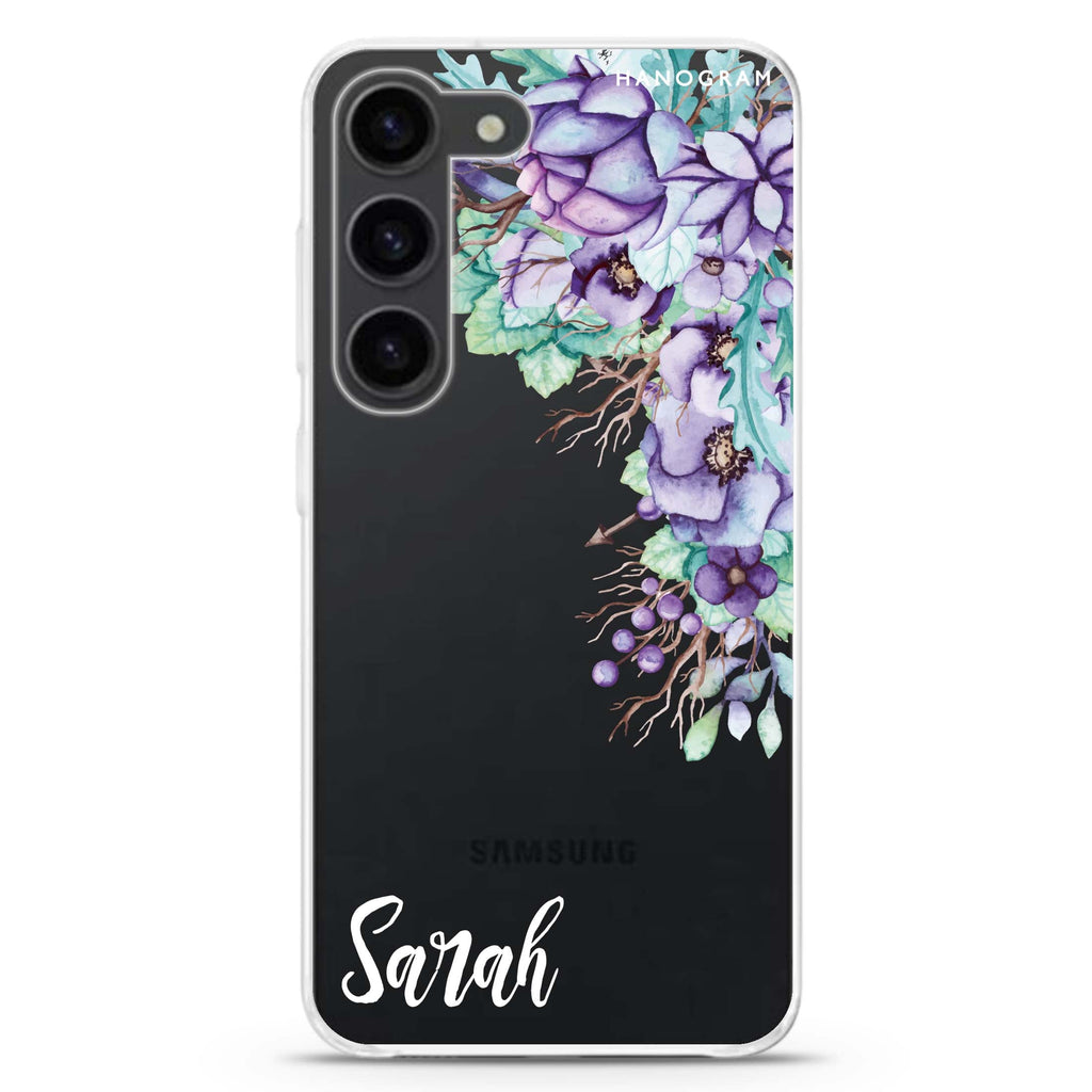 Purple Floral personalized ultra-clear case for Samsung Galaxy S23/S22, front view