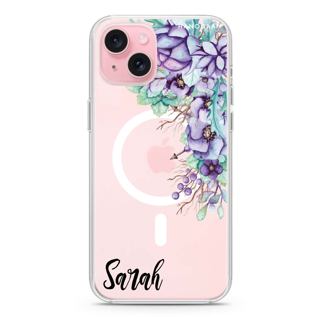 Purple Floral iPhone 15 Plus MagSafe Compatible Ultra Clear Case