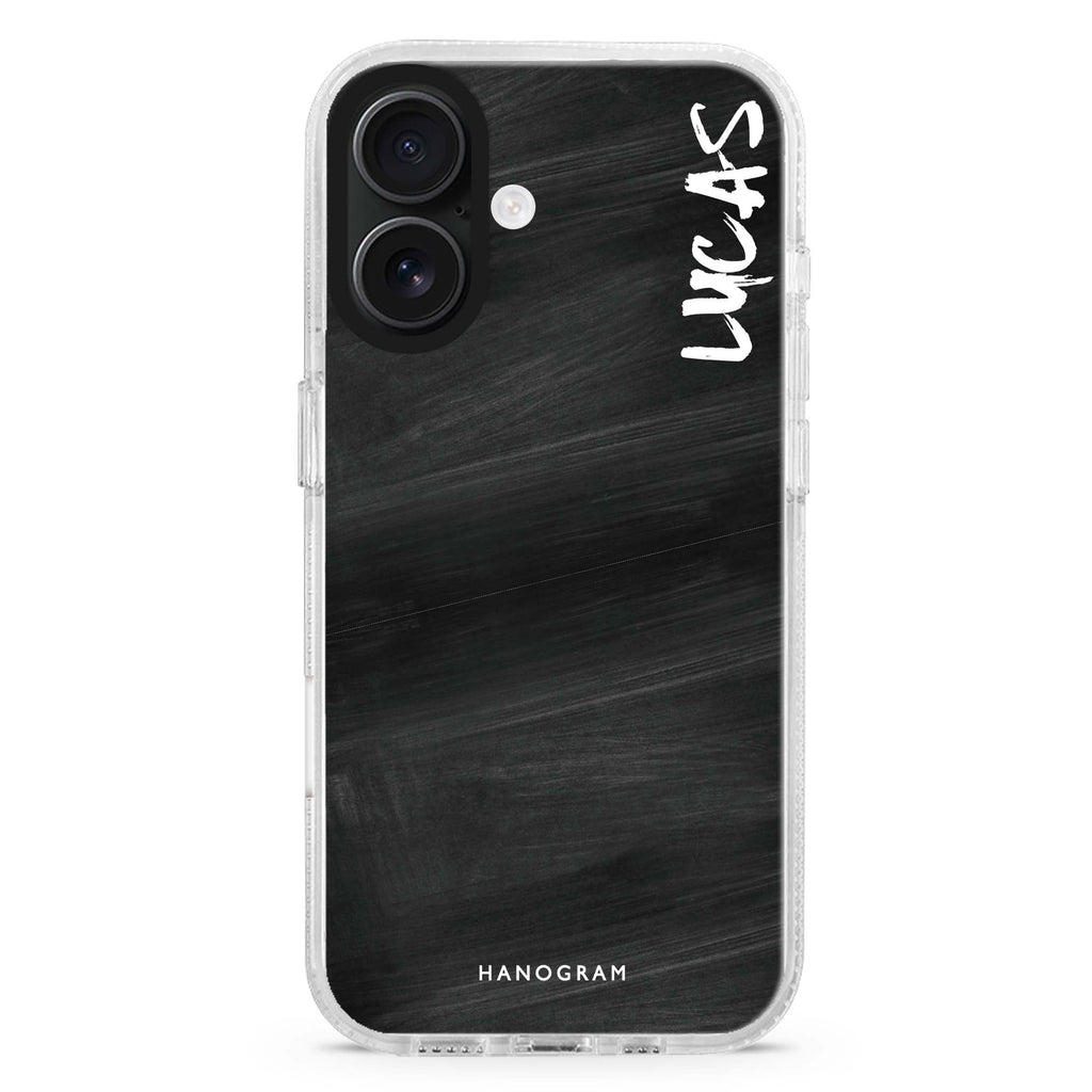 Burst Black custom name iPhone 16 and 16 Plus ultra clear case, transparent colorful artwork, front product view