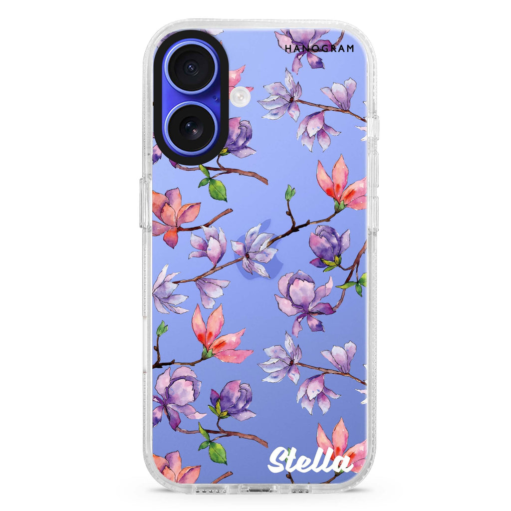 Colour In Spring custom name iPhone 16 and 16 Plus ultra clear case, transparent graphic artwork, front product view