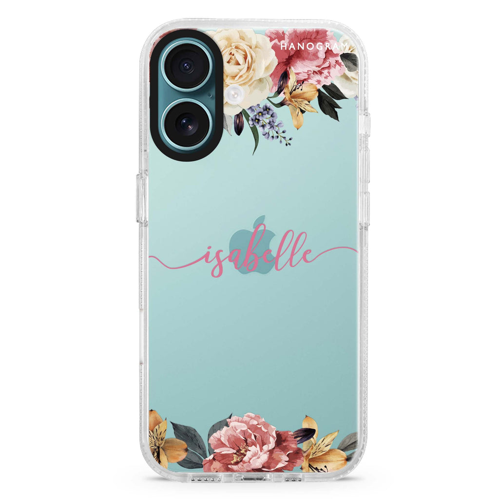 Art of Classic Floral custom name iPhone 16 and 16 Plus ultra clear case, transparent floral artwork, front product view