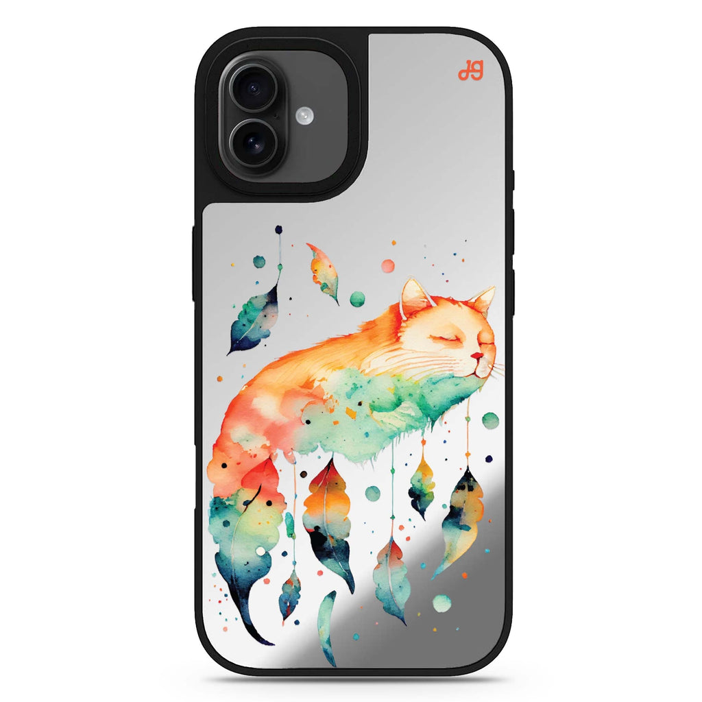 A Dream Cat celestial design iPhone 17 mirror case