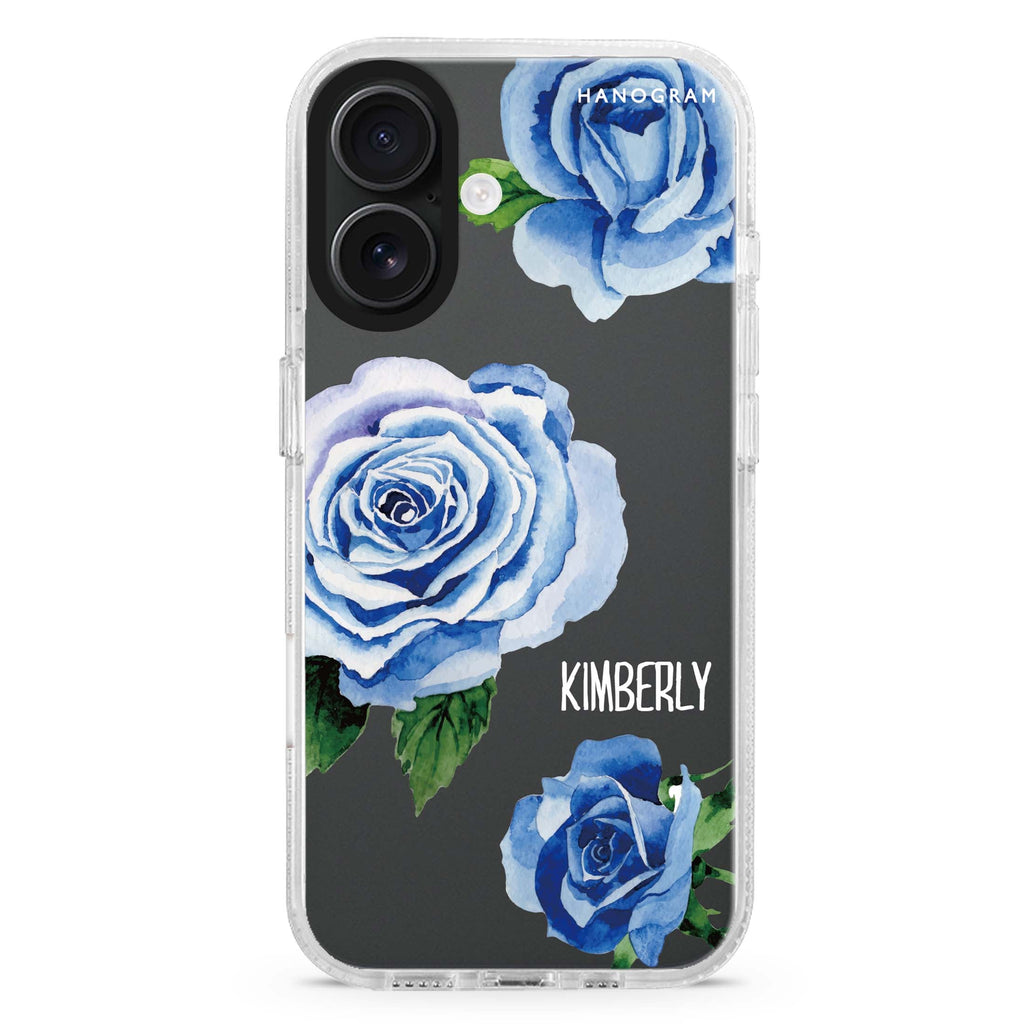 Blue Rose custom name iPhone 16 and 16 Plus ultra clear case, transparent floral artwork, front product view