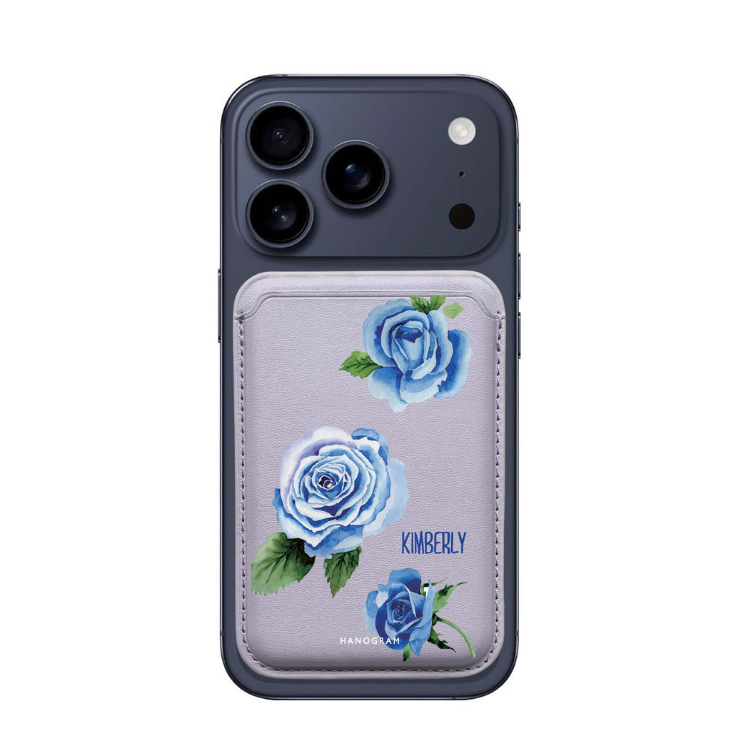 Blue Rose custom name MagSafe wallet for iPhone, personalized magnetic card holder, main view