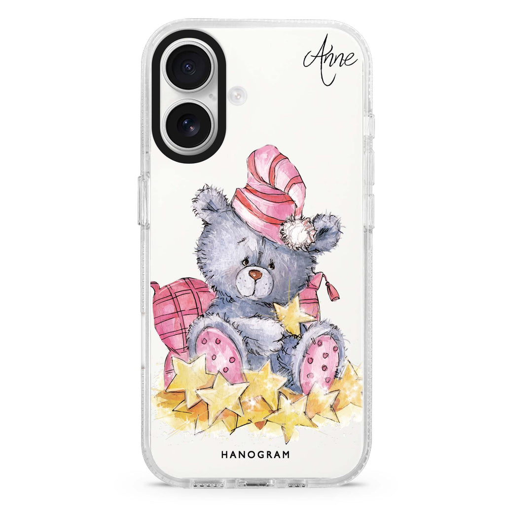 Star Bear custom name iPhone 16 and 16 Plus ultra clear case, transparent animal artwork, front product view