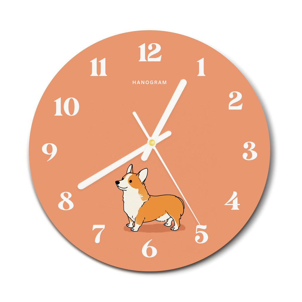 Coral Corgi premium glass wall clock, dog home decor clock, main view