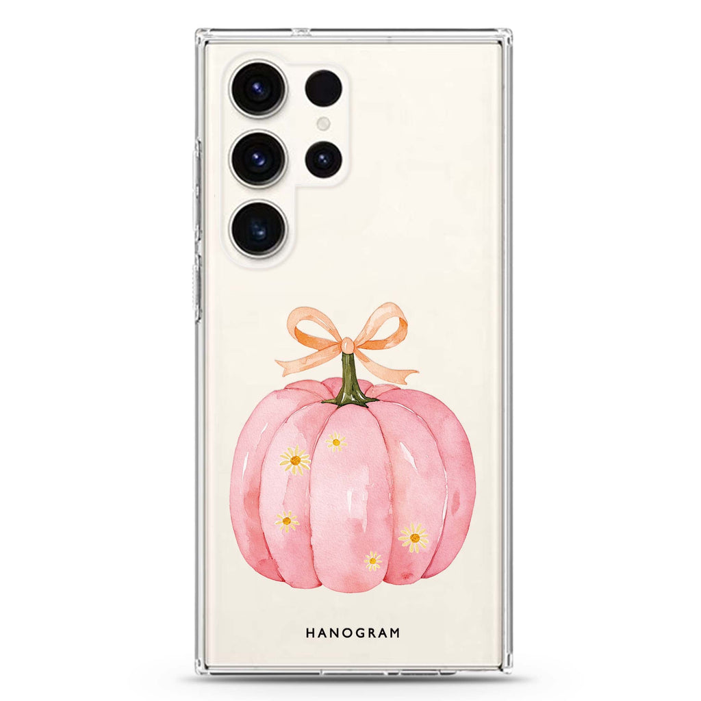 The Ribboned Pink Pumpkin Samsung Galaxy Ultra Clear Case — front view