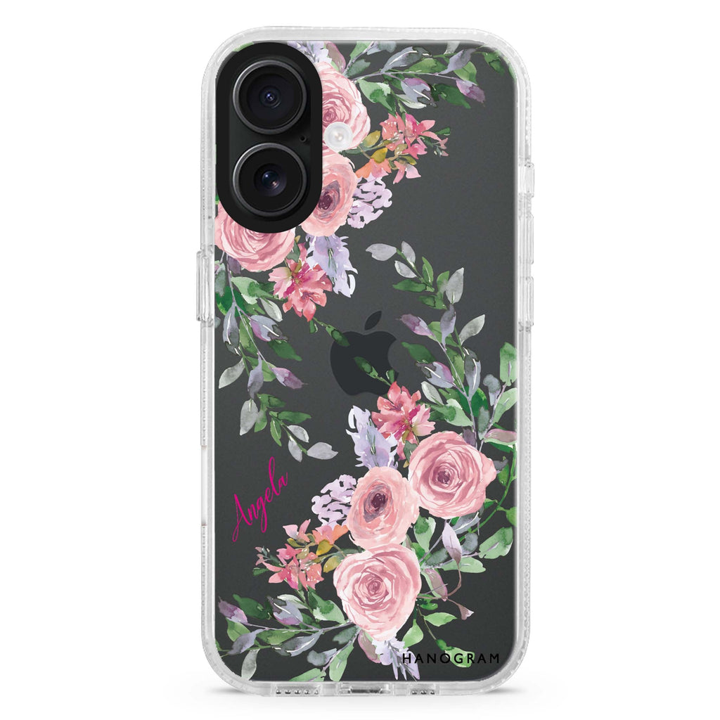 Lucy Watercolor Rose custom name iPhone 16 and 16 Plus ultra clear case, transparent floral artwork, front product view